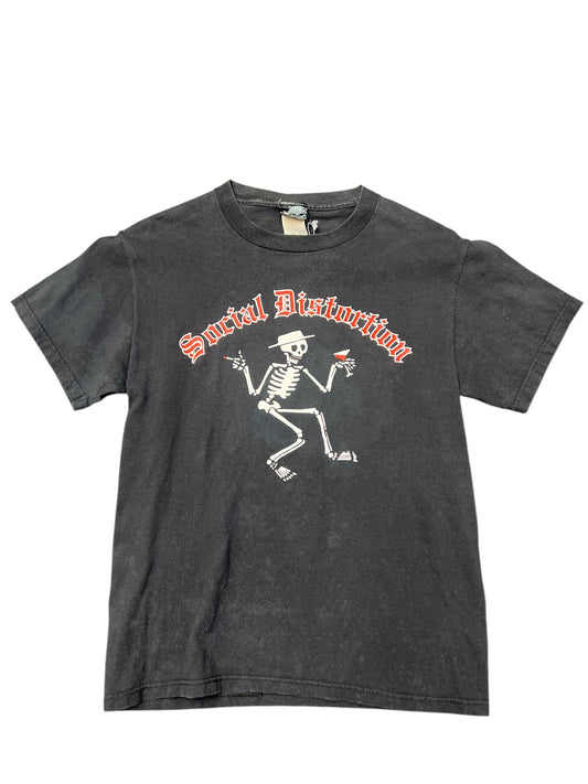 Vintage 90s Social Distortion Punk Skeleton Drinking and Smoking Tee Size M