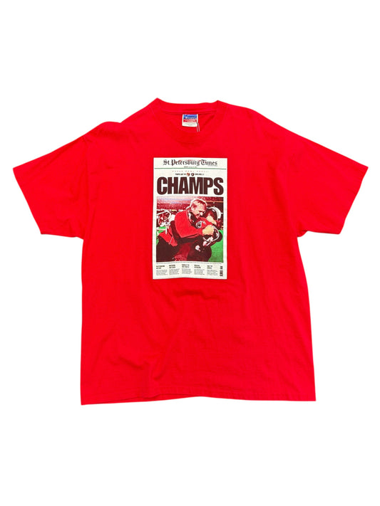 Vintage 2003 TB Buccaneers Jon Gruden Newspaper Graphic Print Tee Size XL