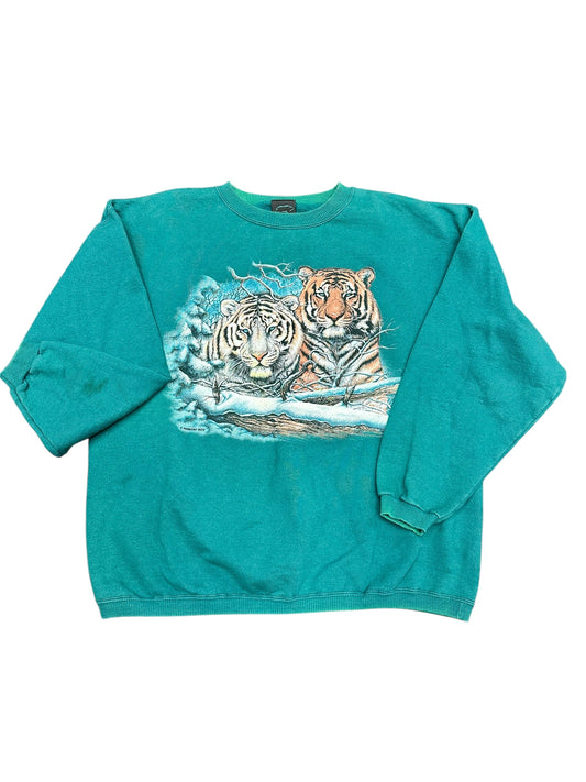 Vintage 1994 Habitat Orange and White Tigers Graphic Print Crewneck Sweatshirt Size XL