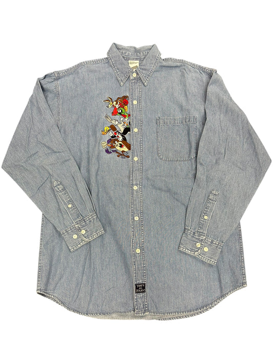 Vintage Warner Bros Looney Tunes Light Denim Embroidered Long-sleeve Button Up Size M