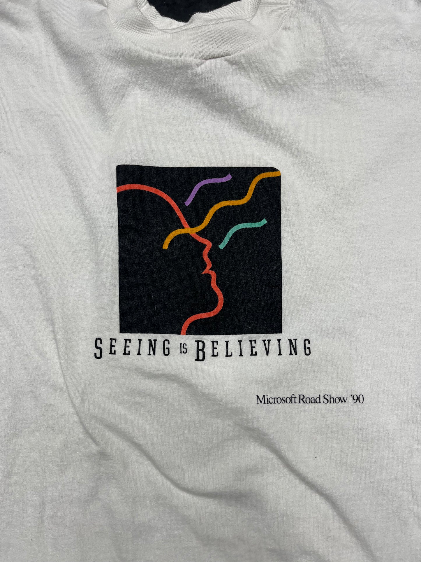 Vintage 1990 Microsoft Road Show 'Seeing Is Believing' Promo Graphic Tee Size XL