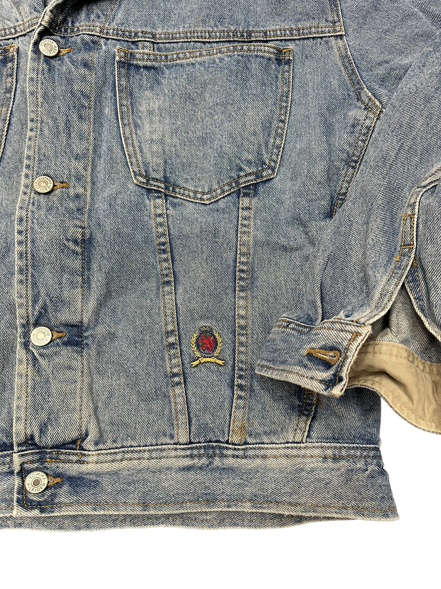 Vintage 90s Tommy Hilfiger Light Denim Detroit Style Patch Denim Jacket Size L