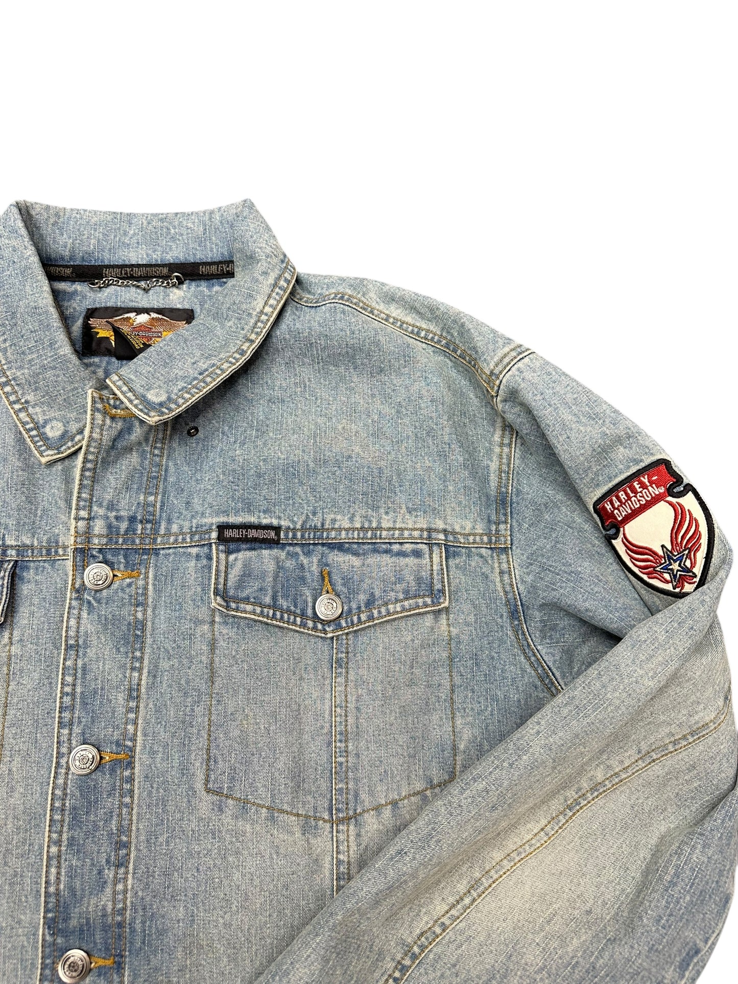Vintage Harley Davidson Multi Patch Light Wash Denim Jacket Size L
