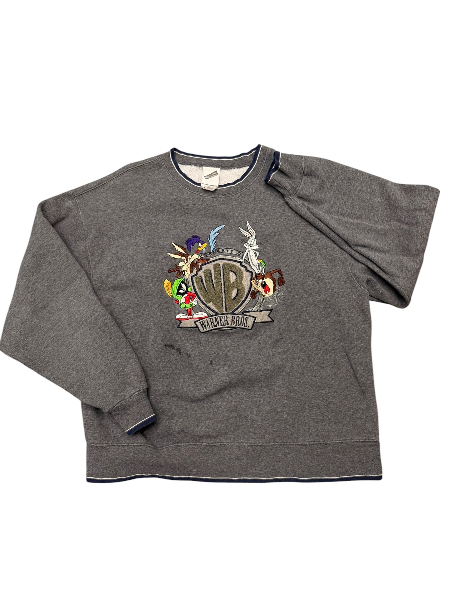 Vintage Warner Brothers Grey Distressed Crop Style Crewneck Size Large