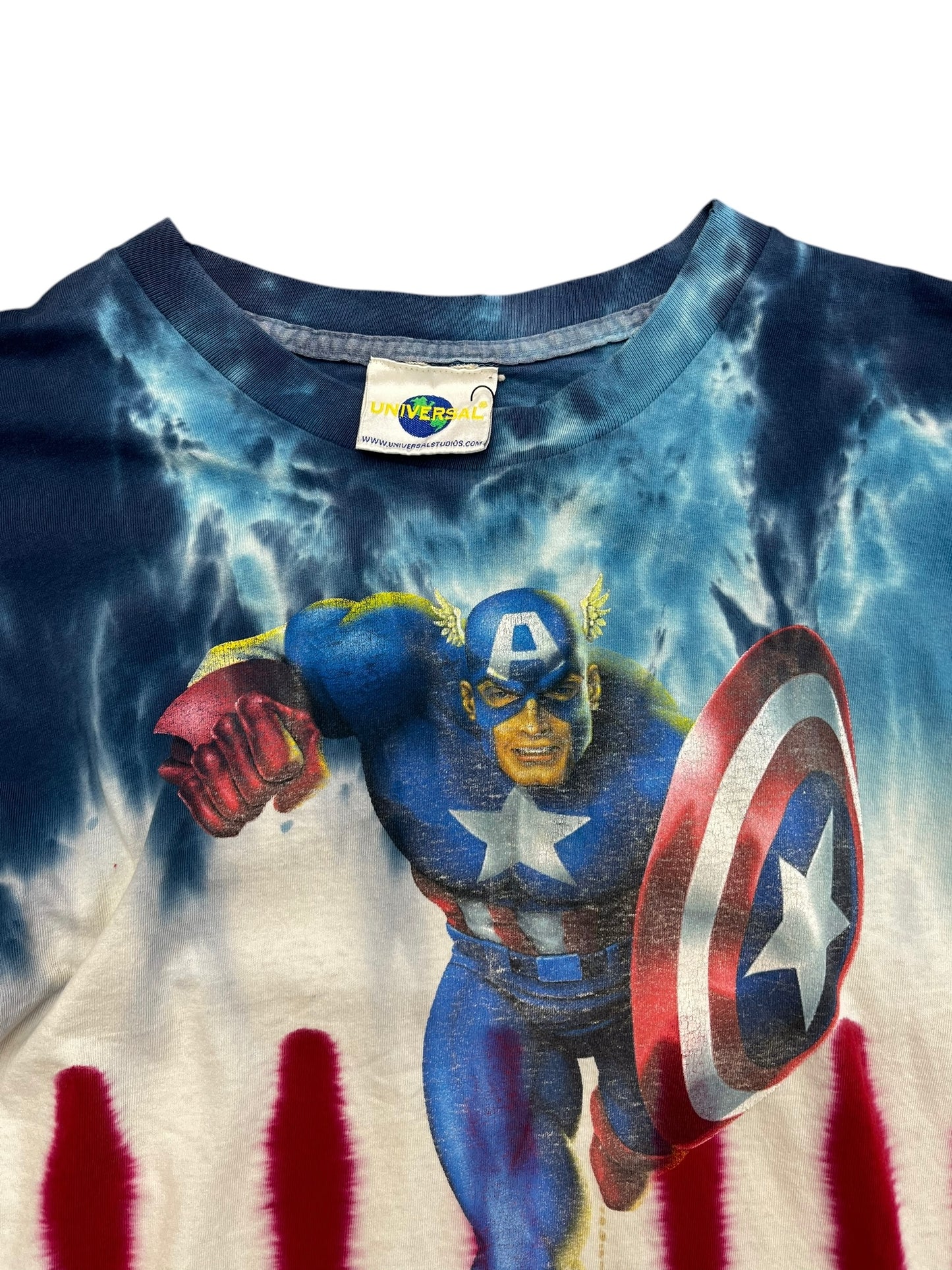 Vintage 1999 Universal Studios Captain America Tie Dye Graphic Print Tee Size XL