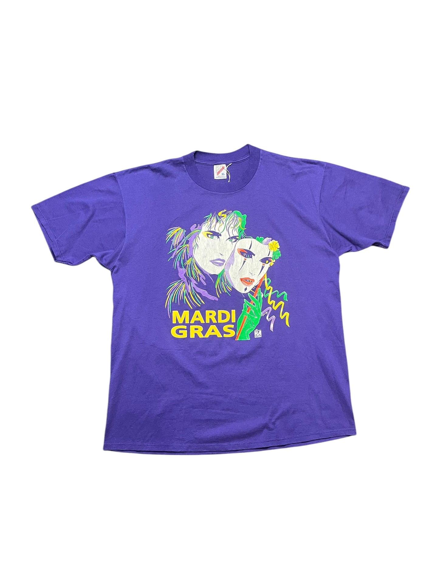 Vintage 1990 Mardi Gras Mask Graphic Print Purple Tee Size XL