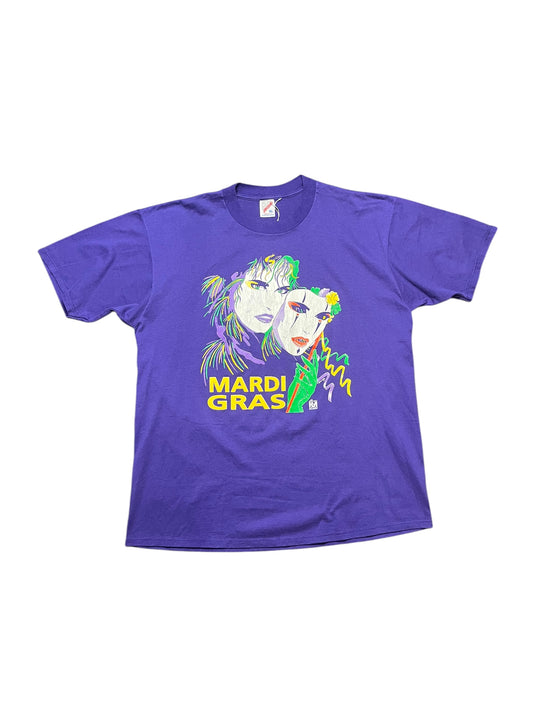 Vintage 1990 Mardi Gras Mask Graphic Print Purple Tee Size XL