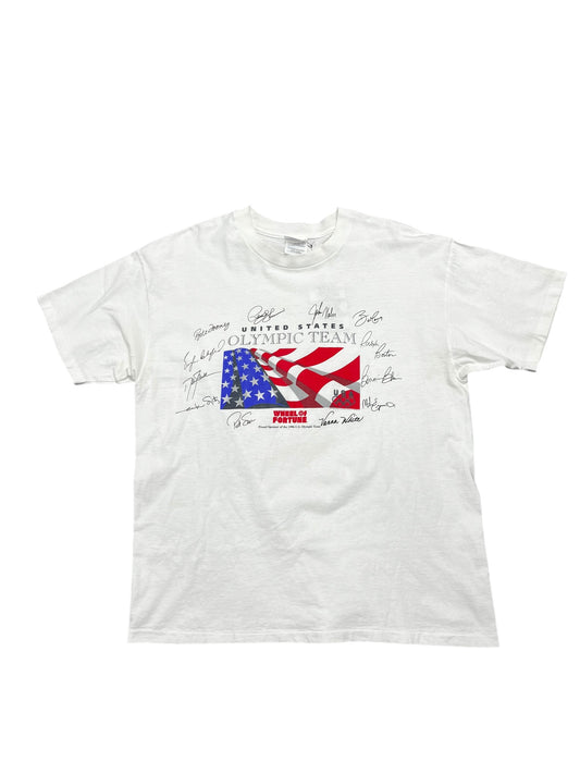 Vintage 1996 Wheel of Fortune USA Olympic Sponsor Signature Print Tee Size XL