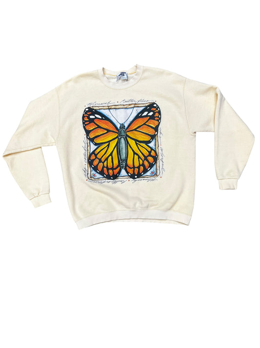 Vintage Monarch Butterfly Graphic Print Banded Waist Crewneck Sweatshirt Size L