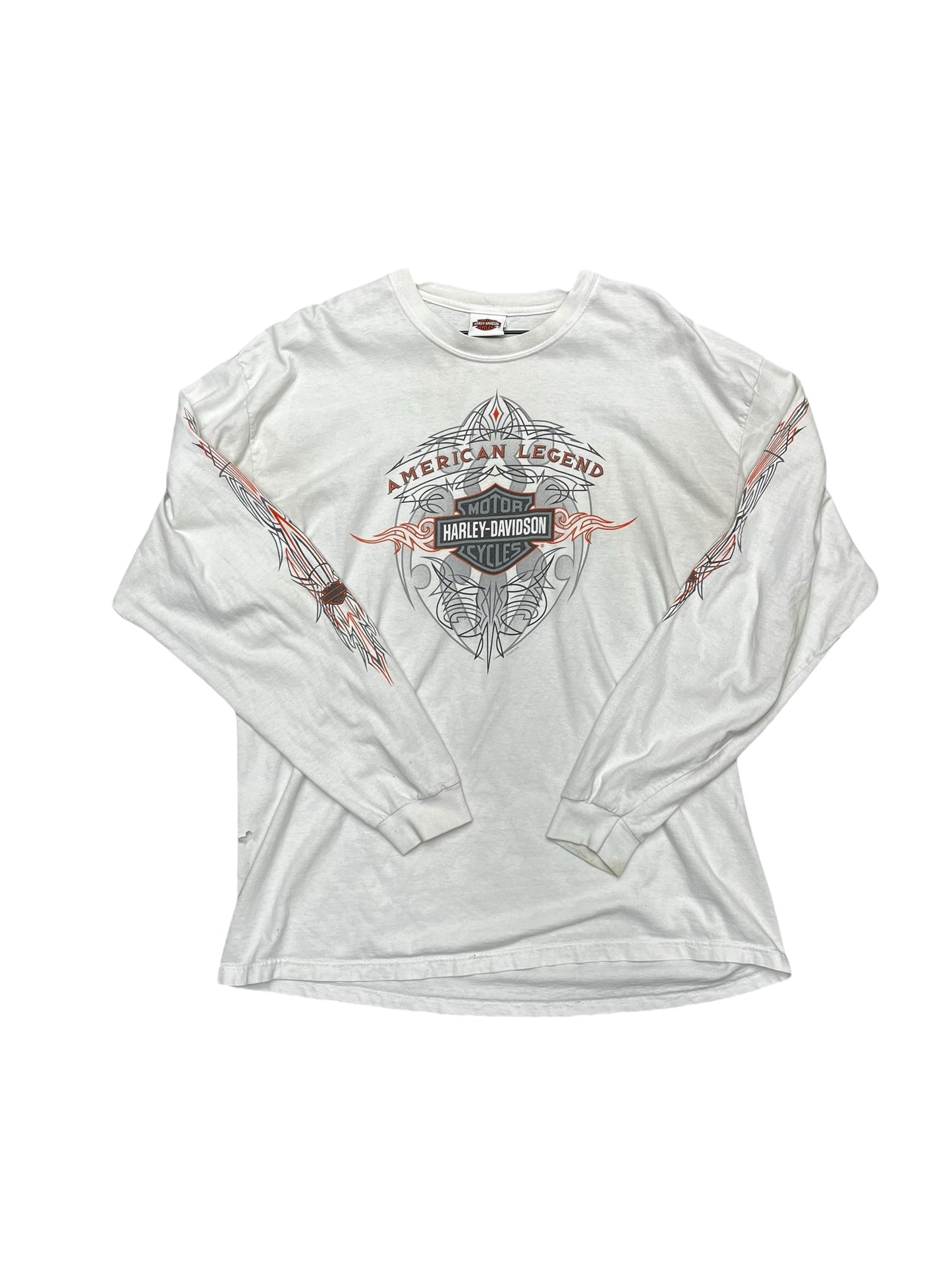 Y2K Distressed Harley Davidson White Long Sleeve Tribal Hawaii Shirt Size XL