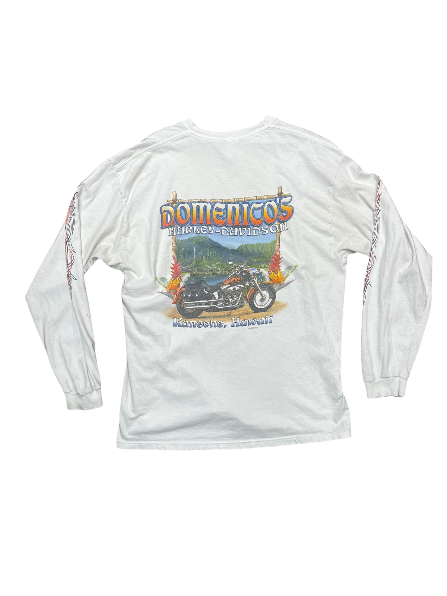 Y2K Distressed Harley Davidson White Long Sleeve Tribal Hawaii Shirt Size XL