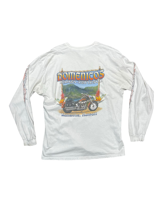 Y2K Distressed Harley Davidson White Long Sleeve Tribal Hawaii Shirt Size XL